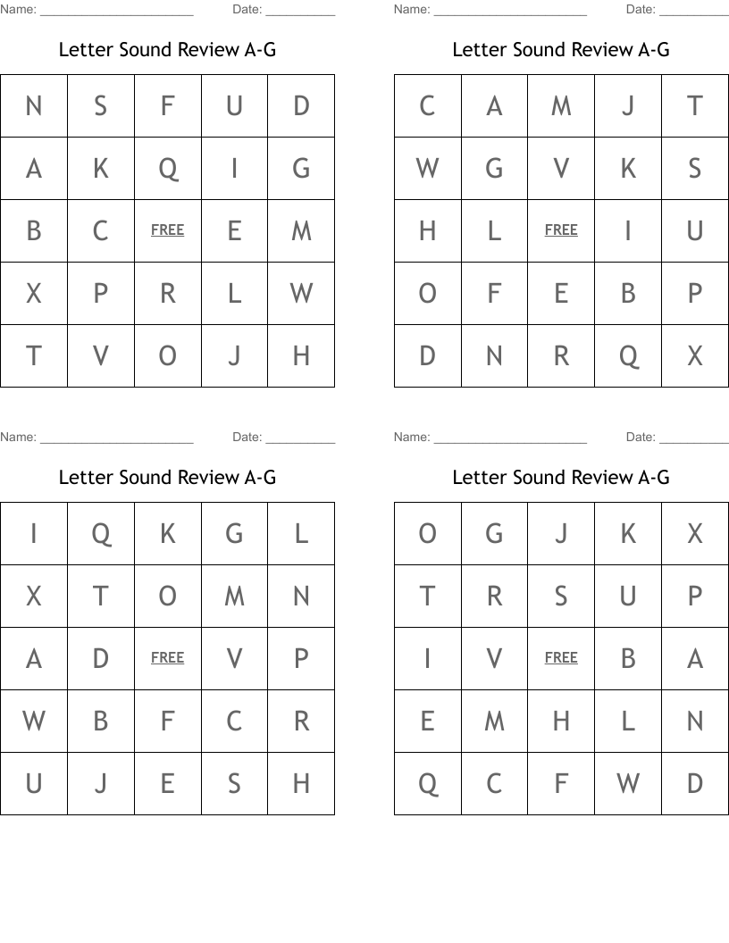 Letter Sound Review A-G Bingo Cards