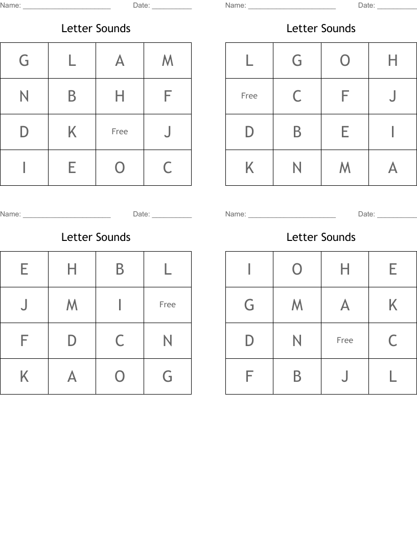 Letter Sounds Bingo Cards