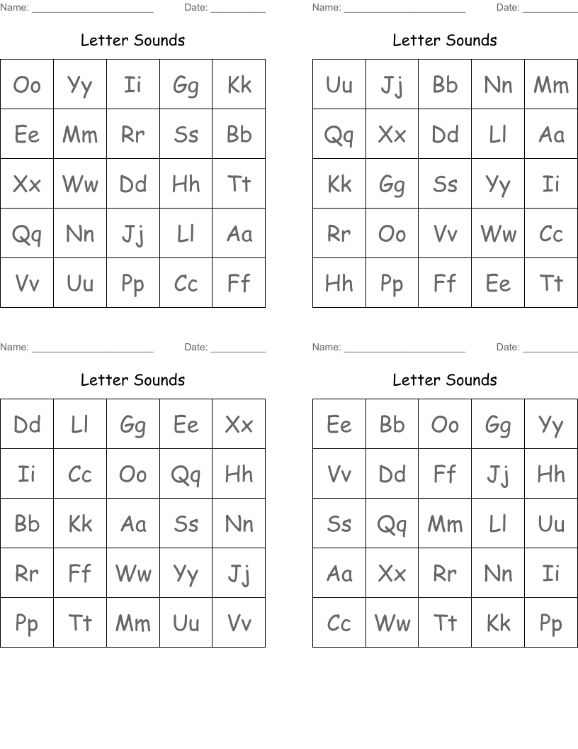 Letter Sounds Bingo Cards