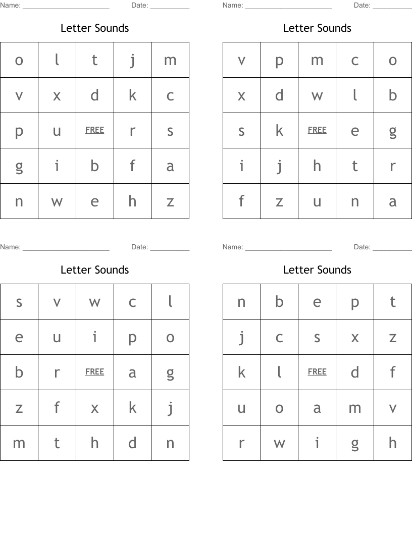 Letter Sounds Bingo Cards