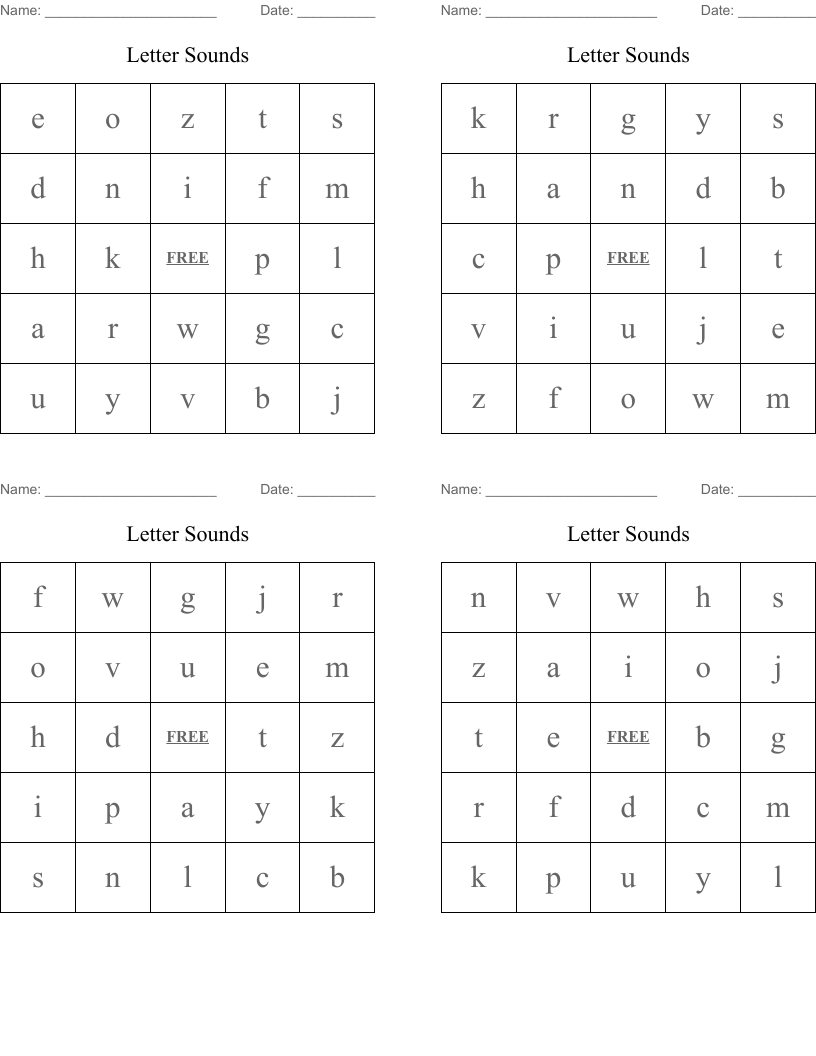 Letter Sounds Bingo Cards