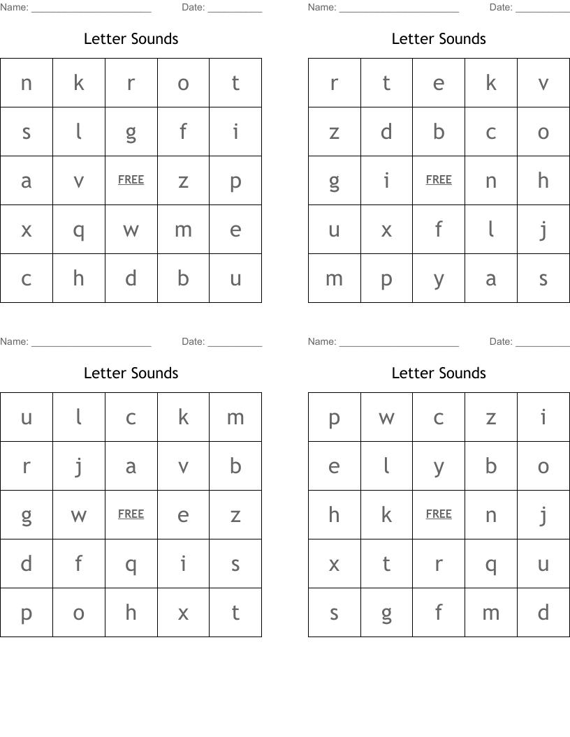 Letter Sounds Bingo Cards