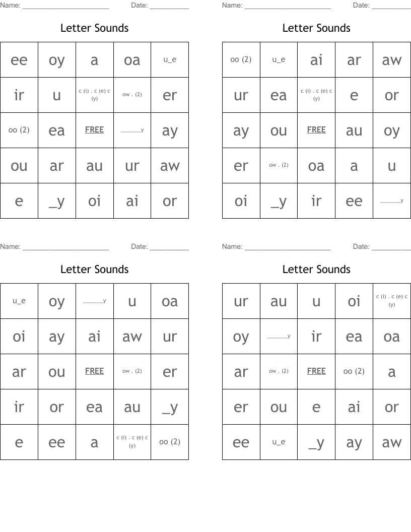 Letter Sounds  Bingo Cards