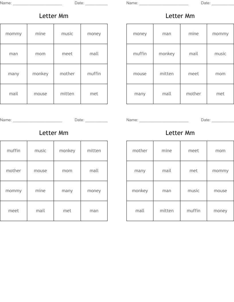 Letter  Mm Bingo Cards