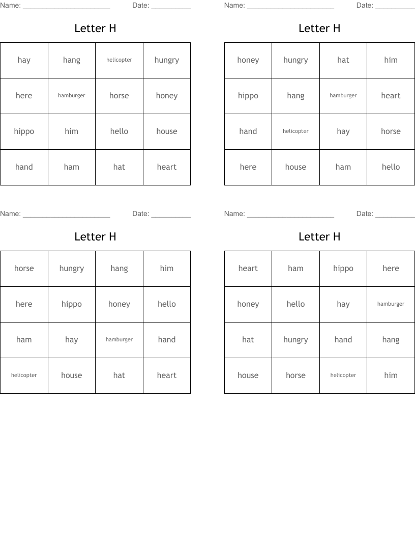 Letter   H Bingo Cards
