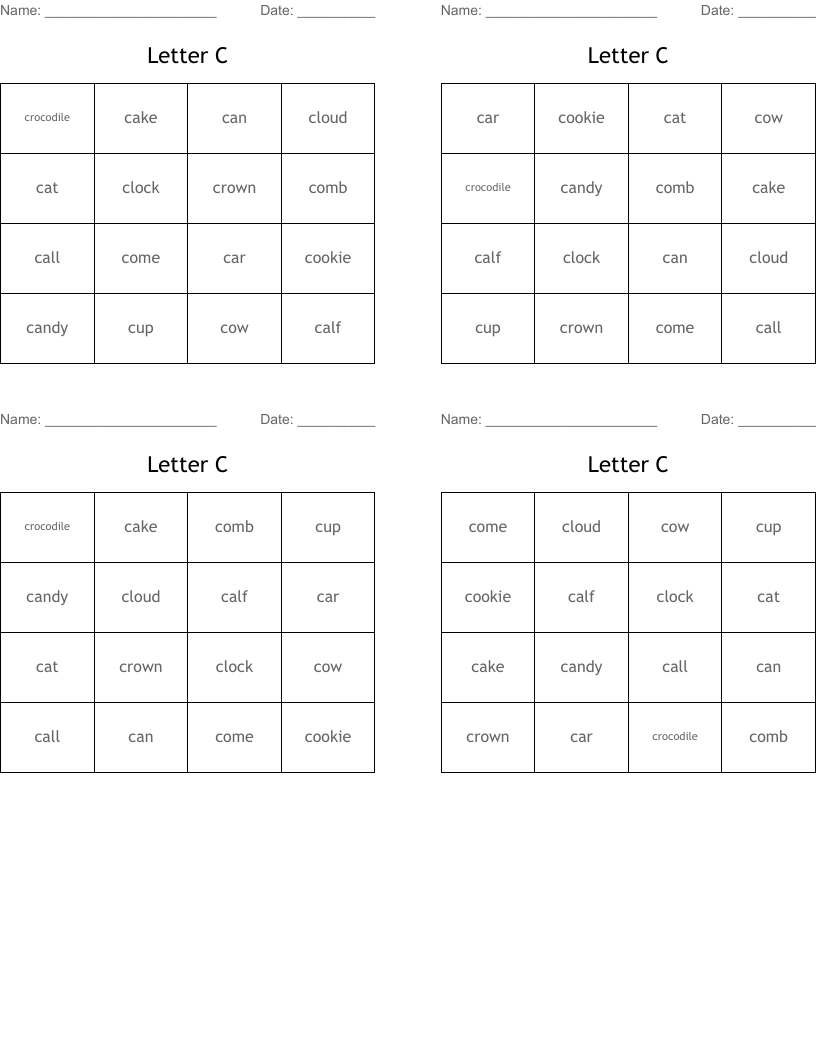 Letter     C Bingo Cards