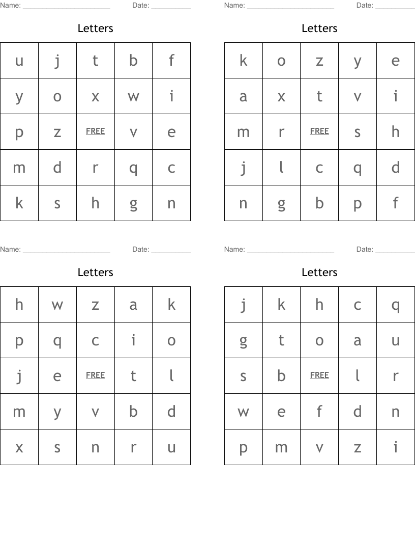 Letters Bingo Cards