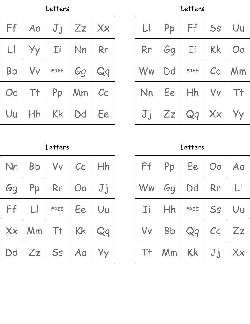 Letters Bingo Cards