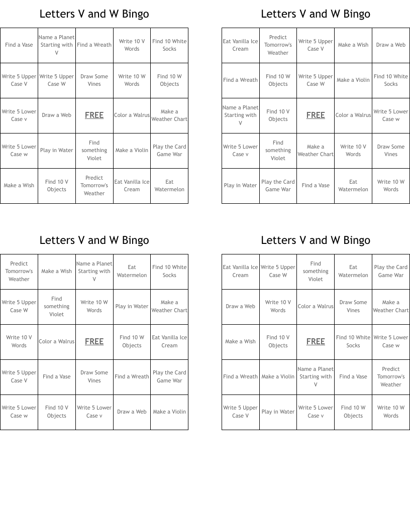 Letters V and W Bingo
