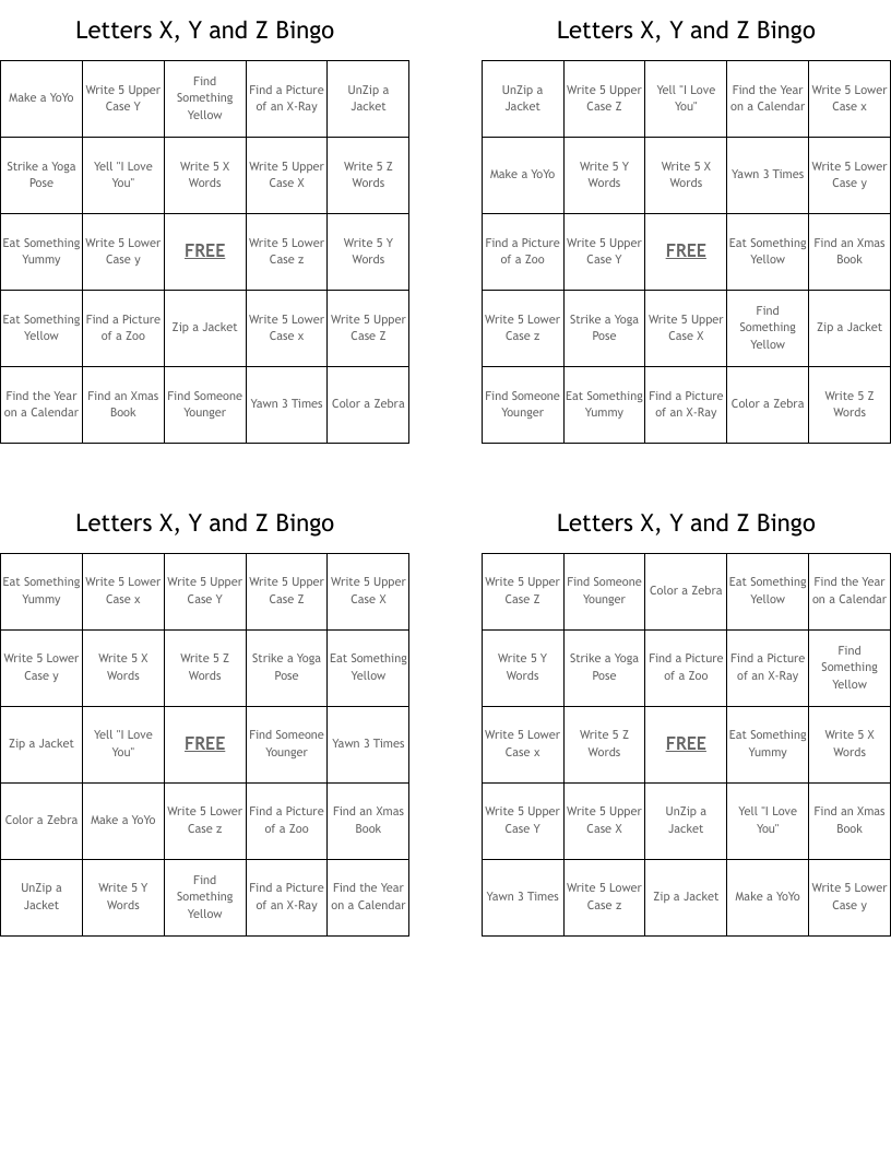Letters X, Y and Z Bingo