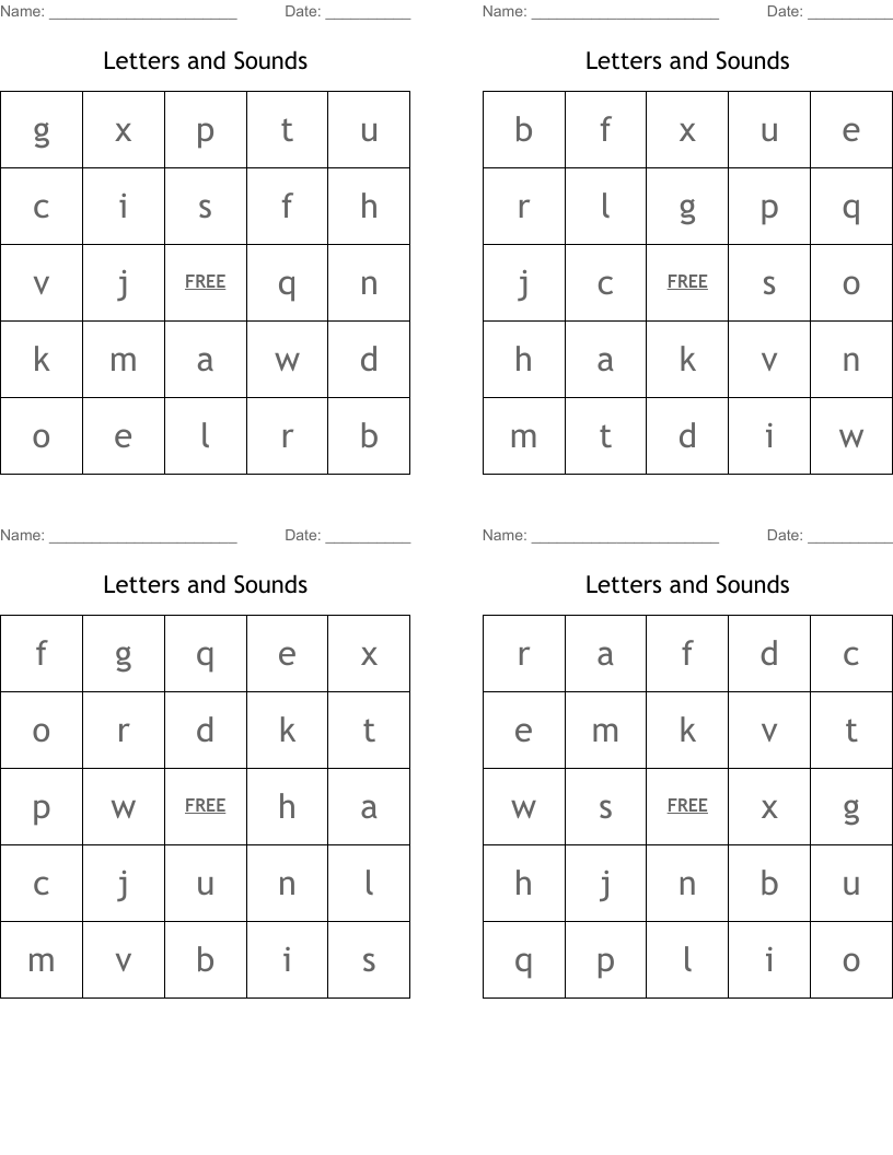 Letters and Sounds Bingo Cards