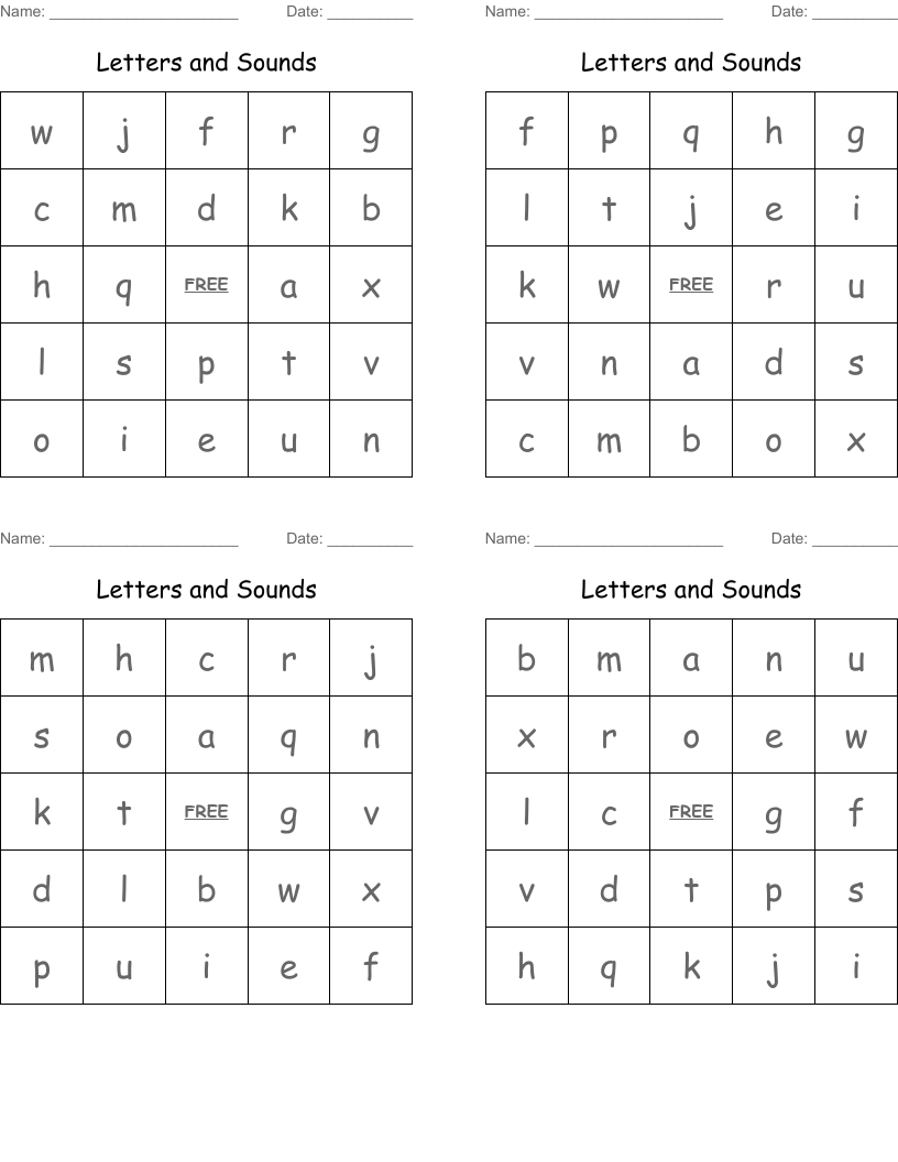 Letters and Sounds Bingo Cards