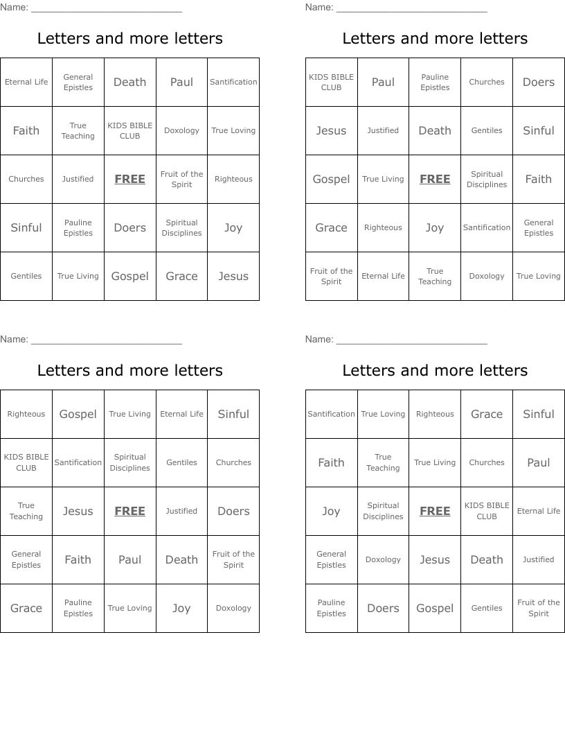 Letters and more letters Bingo Cards