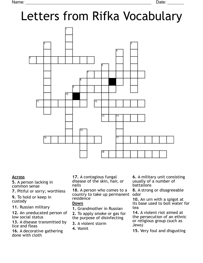 Letters from Rifka Vocabulary Crossword