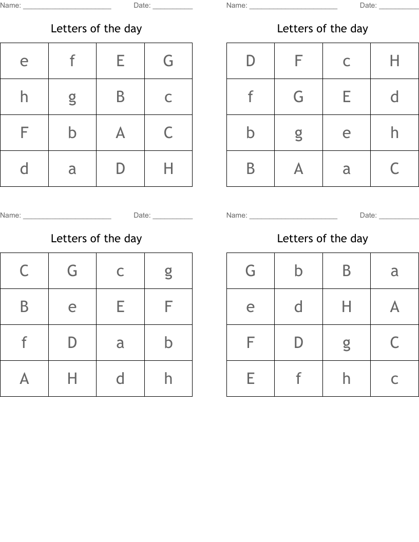 Letters of the day Bingo Cards