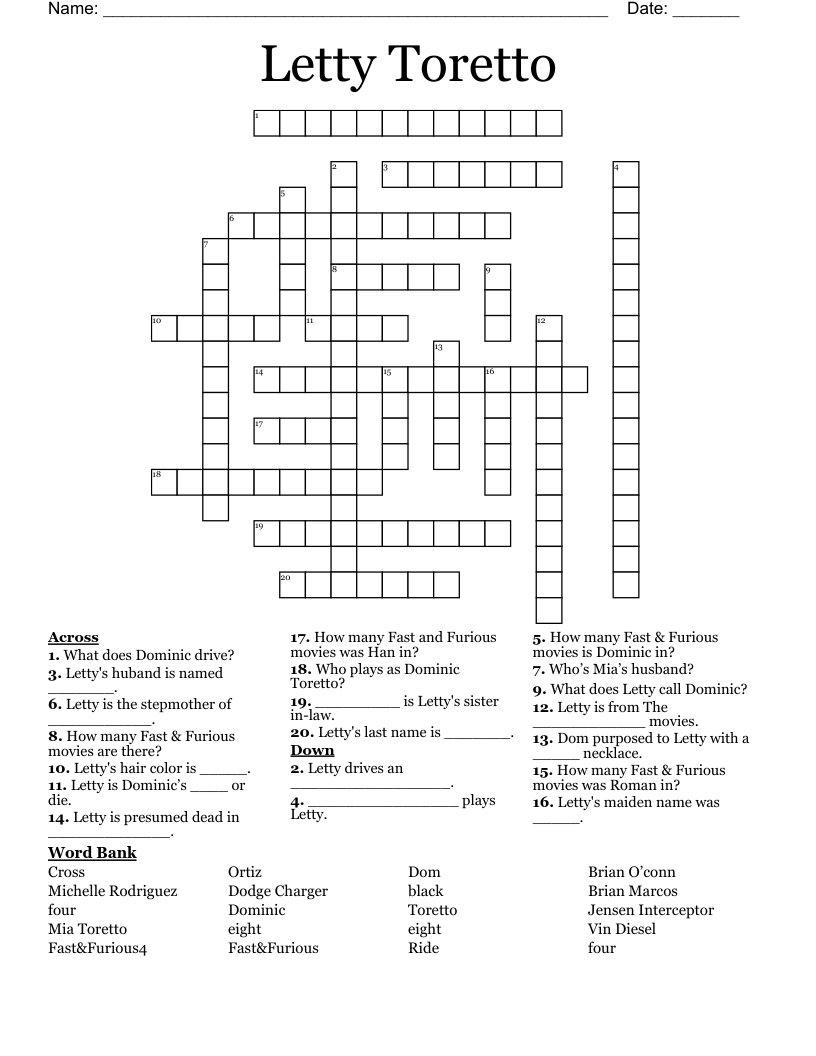 Letty Toretto Crossword