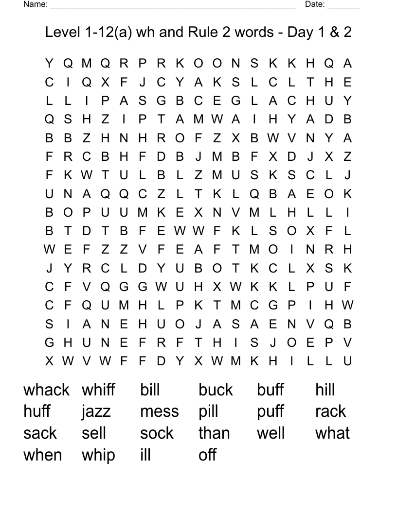 Level 1-12(a)  wh and Rule 2  words - Day 1 & 2 Word Search