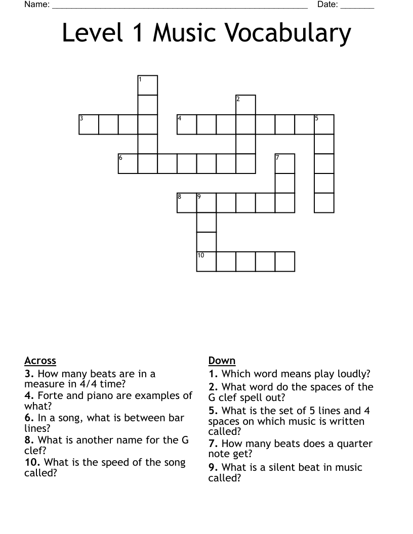 Level 1 Music Vocabulary Crossword