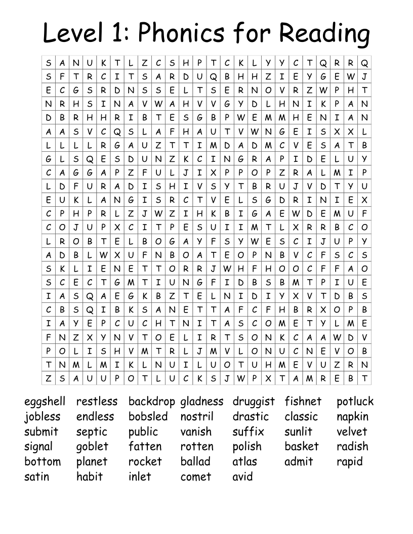 Level 1: Phonics for Reading Word Search