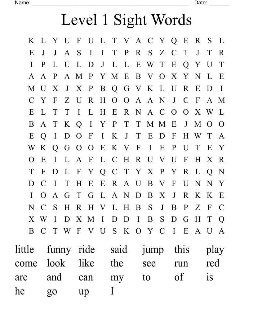 Level 1 Sight Words Word Search