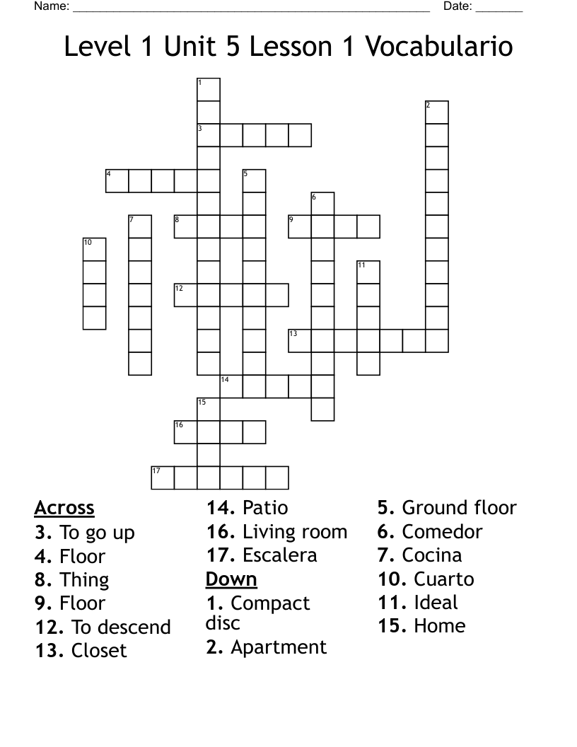 Level 1 Unit 5 Lesson 1  Vocabulario Crossword