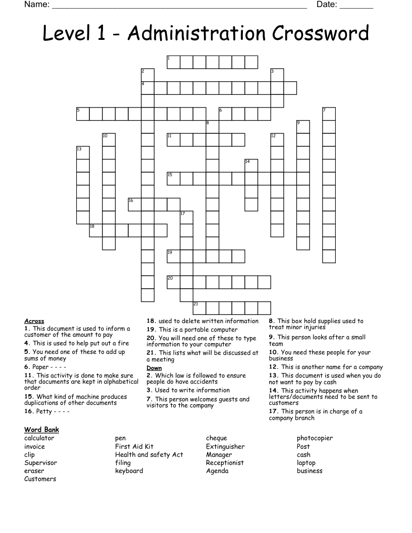 Level 1 - Administration Crossword