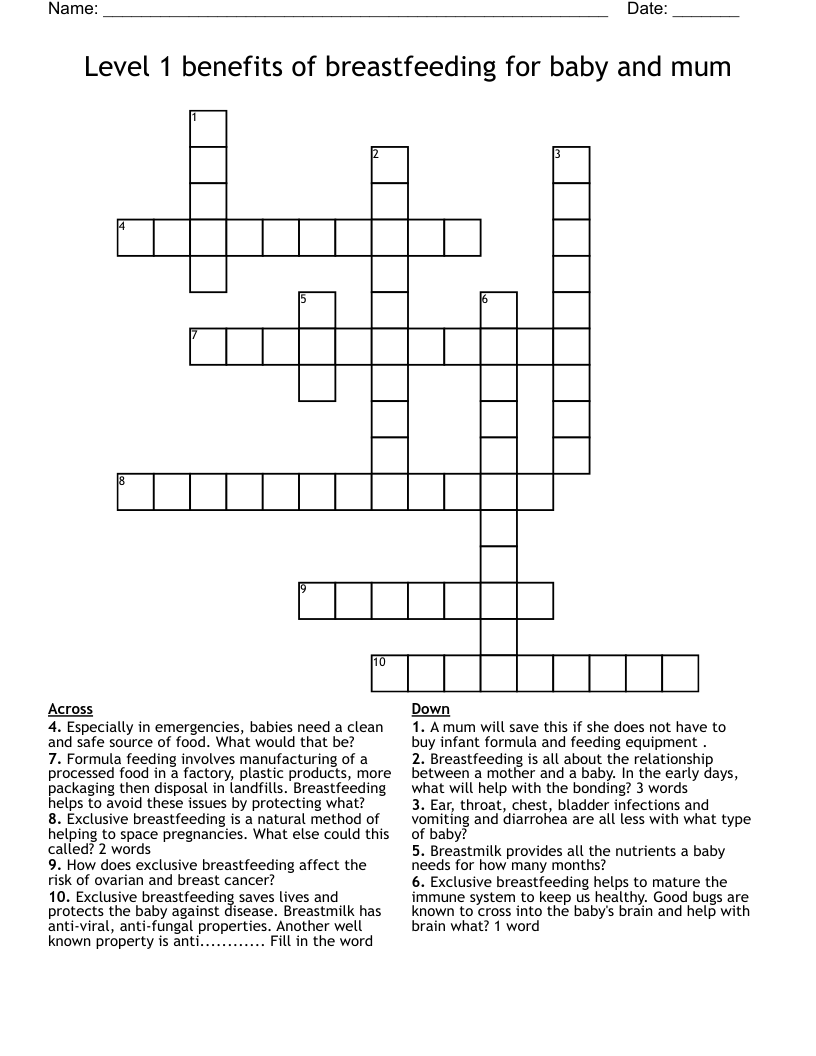 Level 1 benefits of breastfeeding for baby and mum Crossword