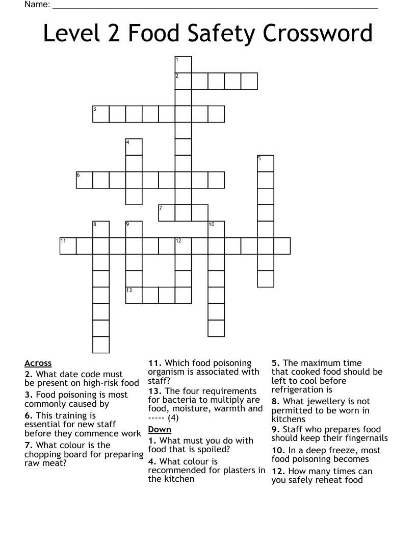 Level 2 Food Safety Crossword