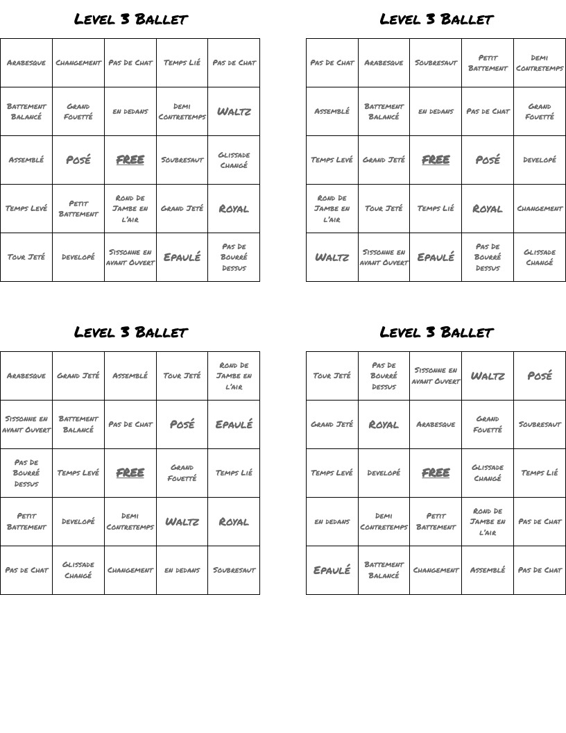 Level 3 Ballet Bingo Cards