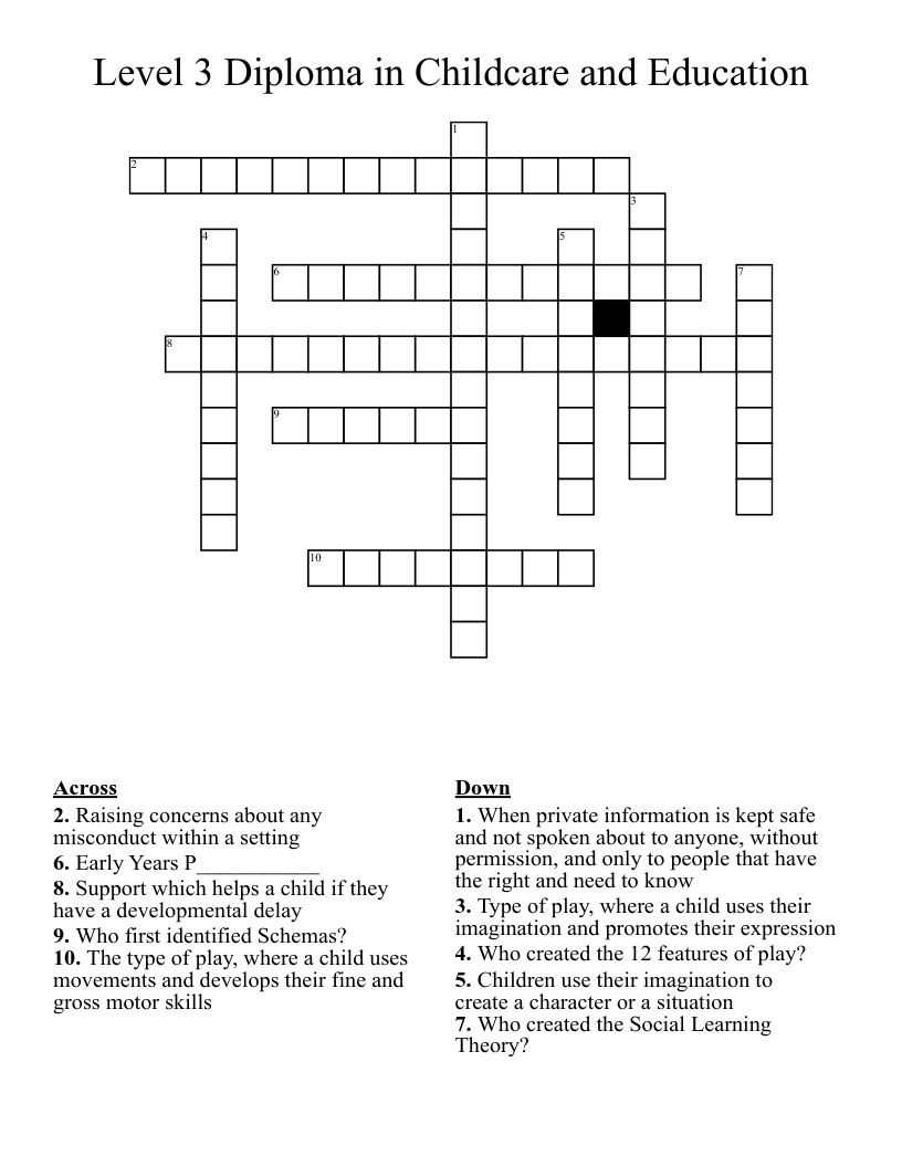 Level 3 Diploma in Childcare and Education Crossword