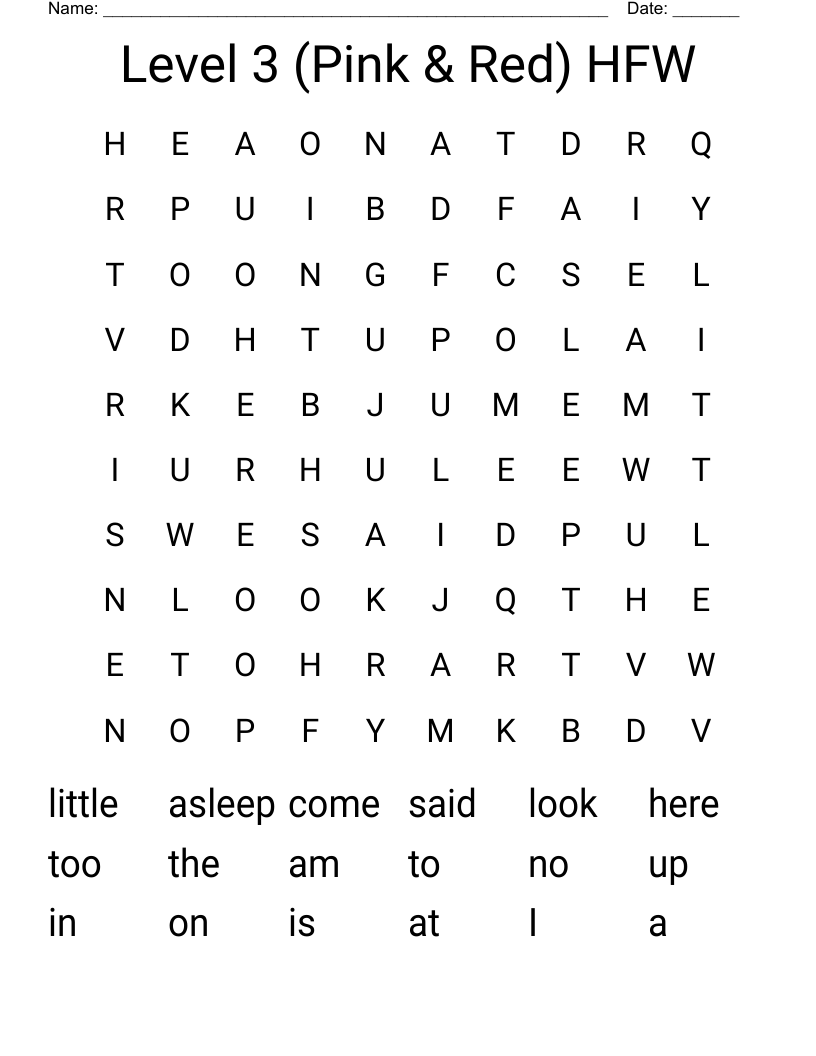 Level 3 (Pink & Red) HFW Word Search