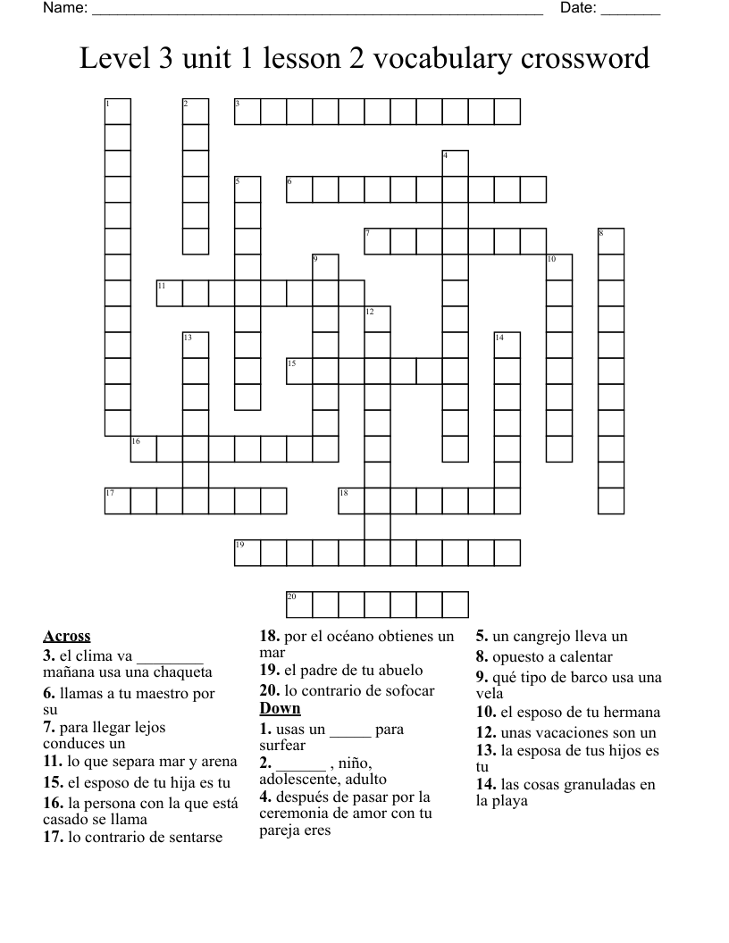 Level 3 unit 1 lesson 2 vocabulary crossword 