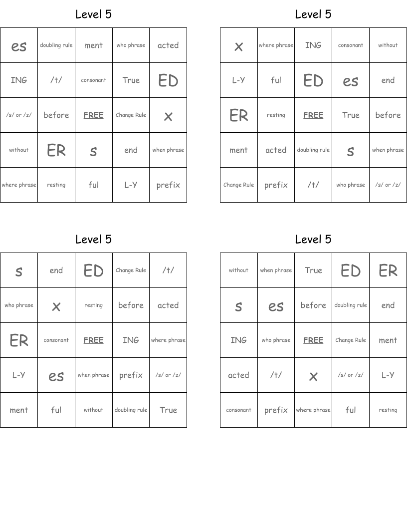 Level 5  Bingo Cards