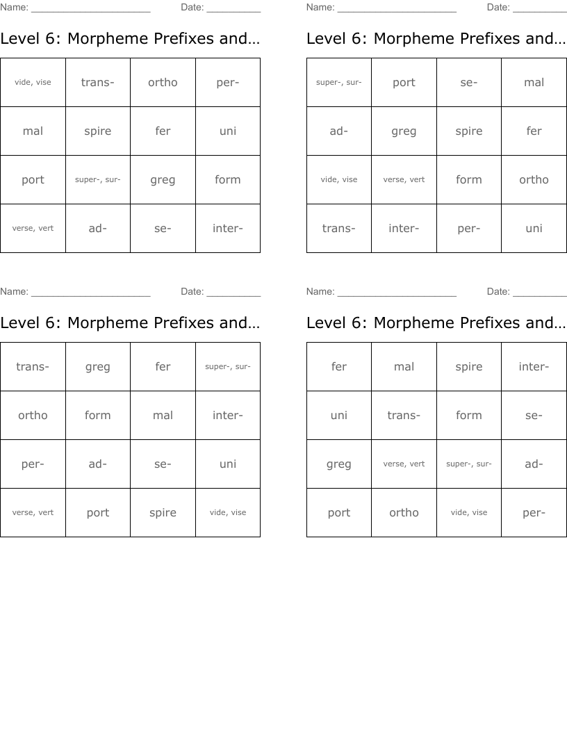 Level 6: Morpheme Prefixes and Bases Bingo Cards