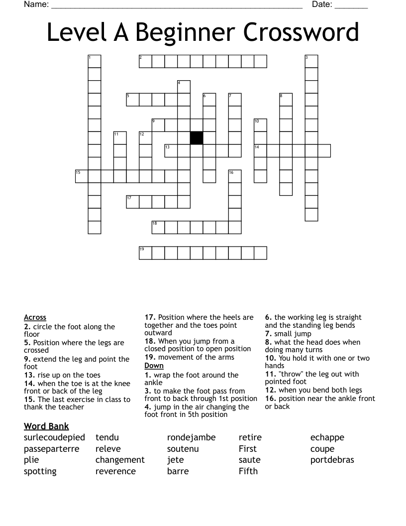 Level A Beginner Crossword