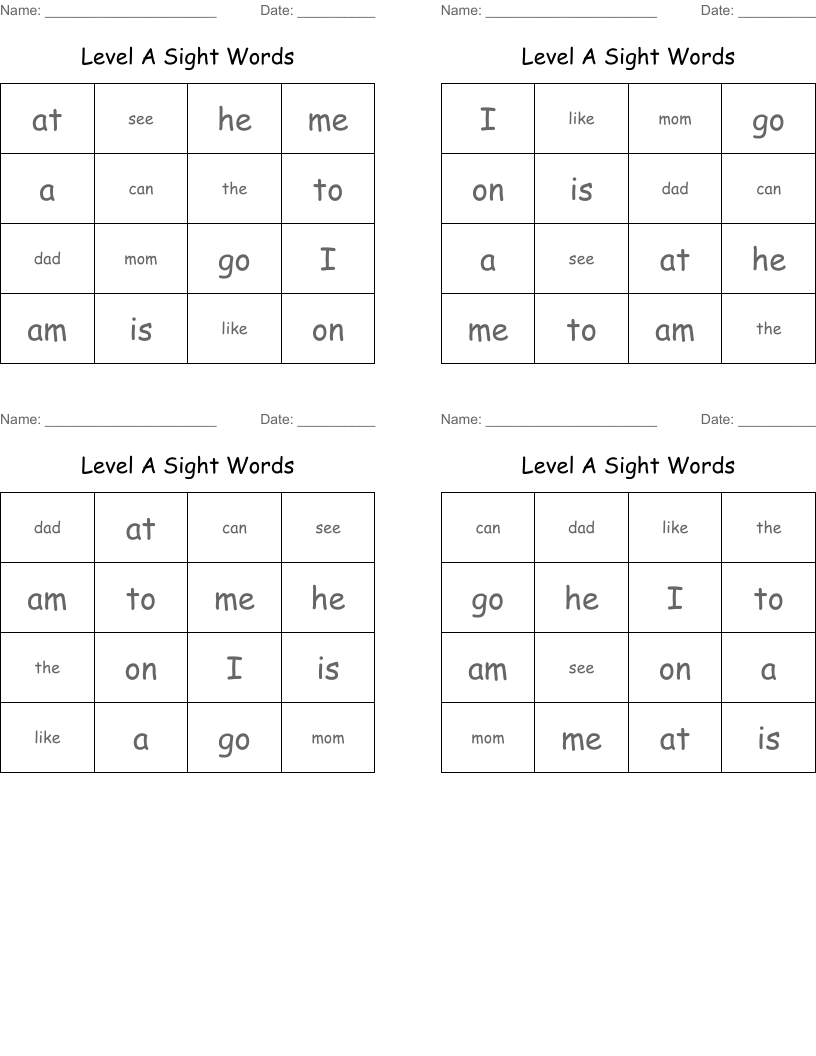Level A Sight Words Bingo Cards