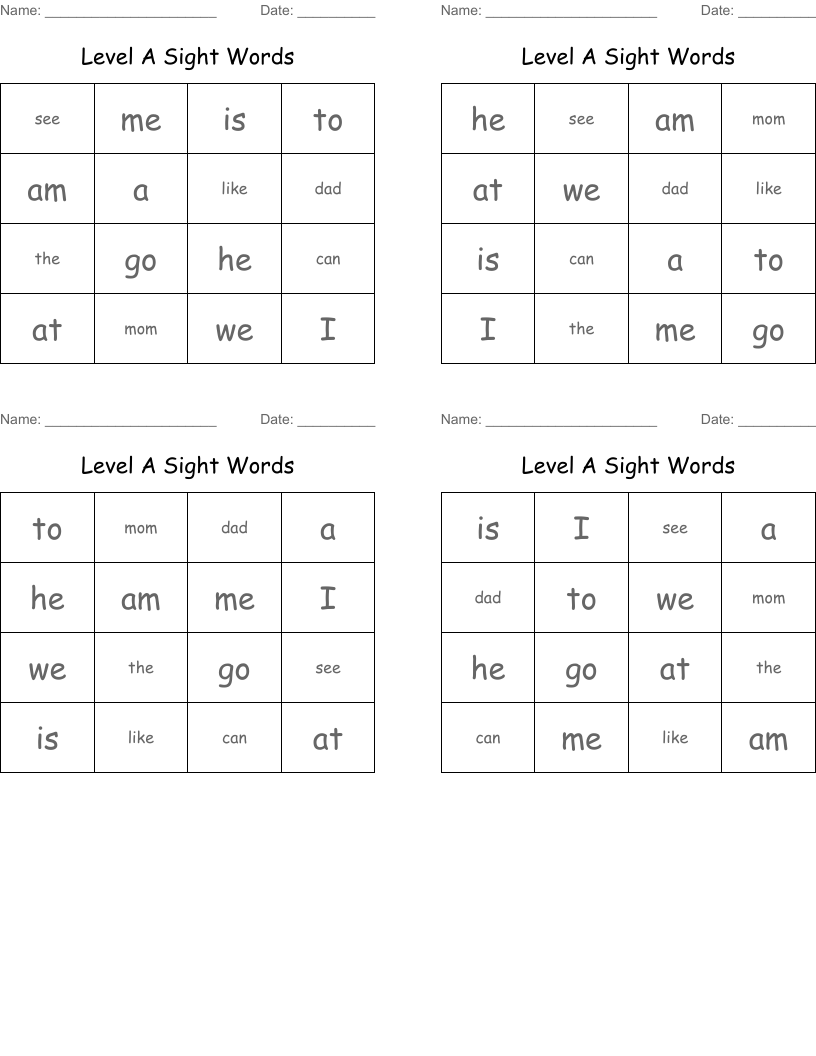 Level A Sight Words Bingo Cards