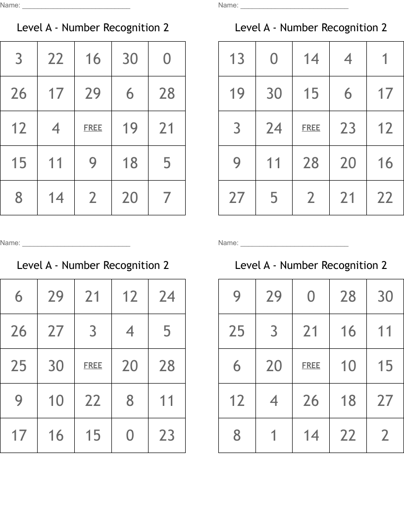 Level A - Number Recognition 2 Bingo Cards