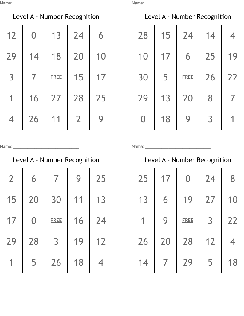 Level A - Number Recognition Bingo Cards
