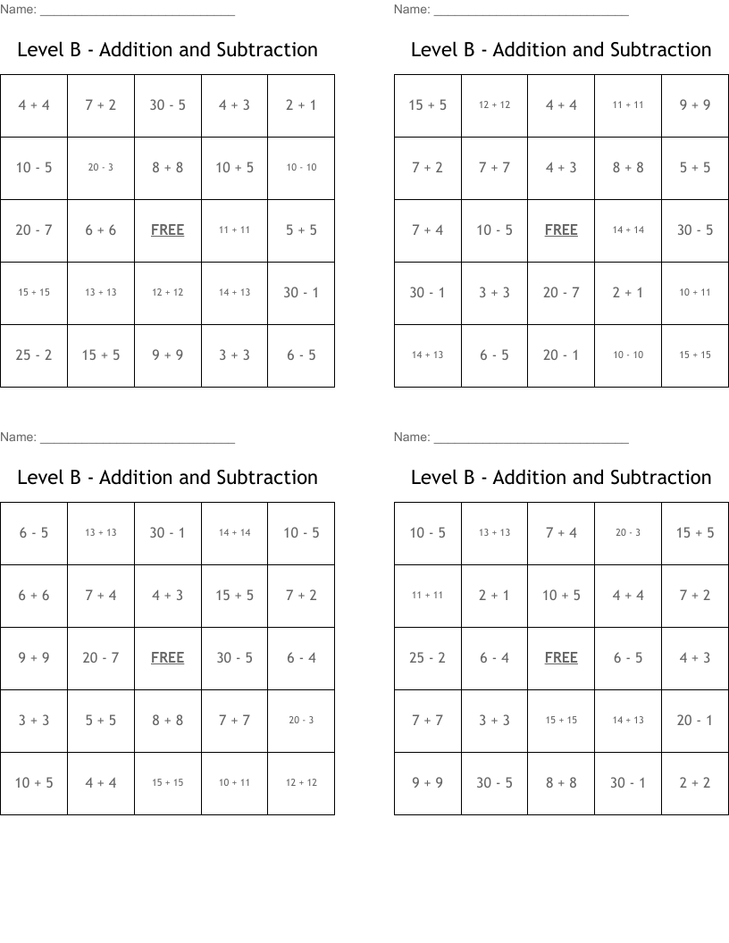 Level B - Addition and Subtraction Bingo Cards