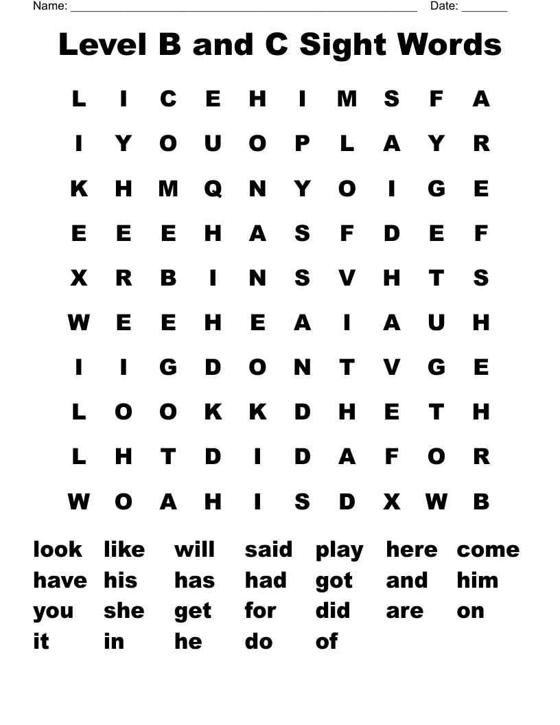 Level B and C Sight Words Word Search