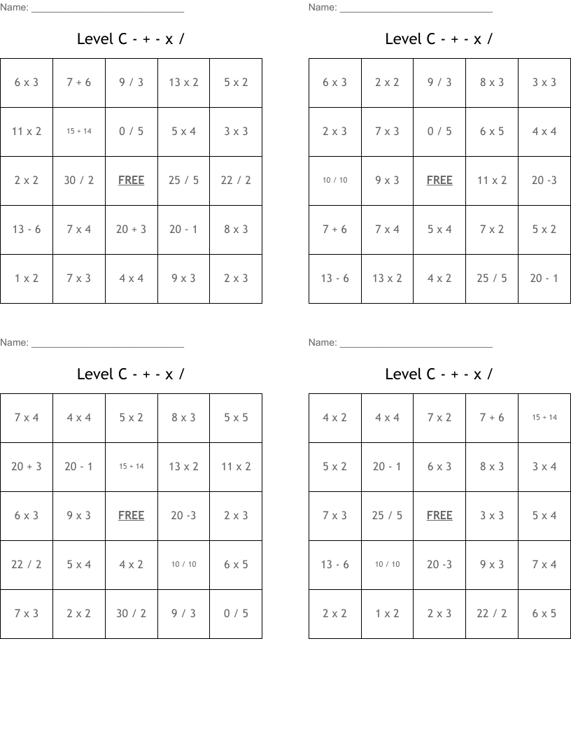Level C - + - x / Bingo Cards