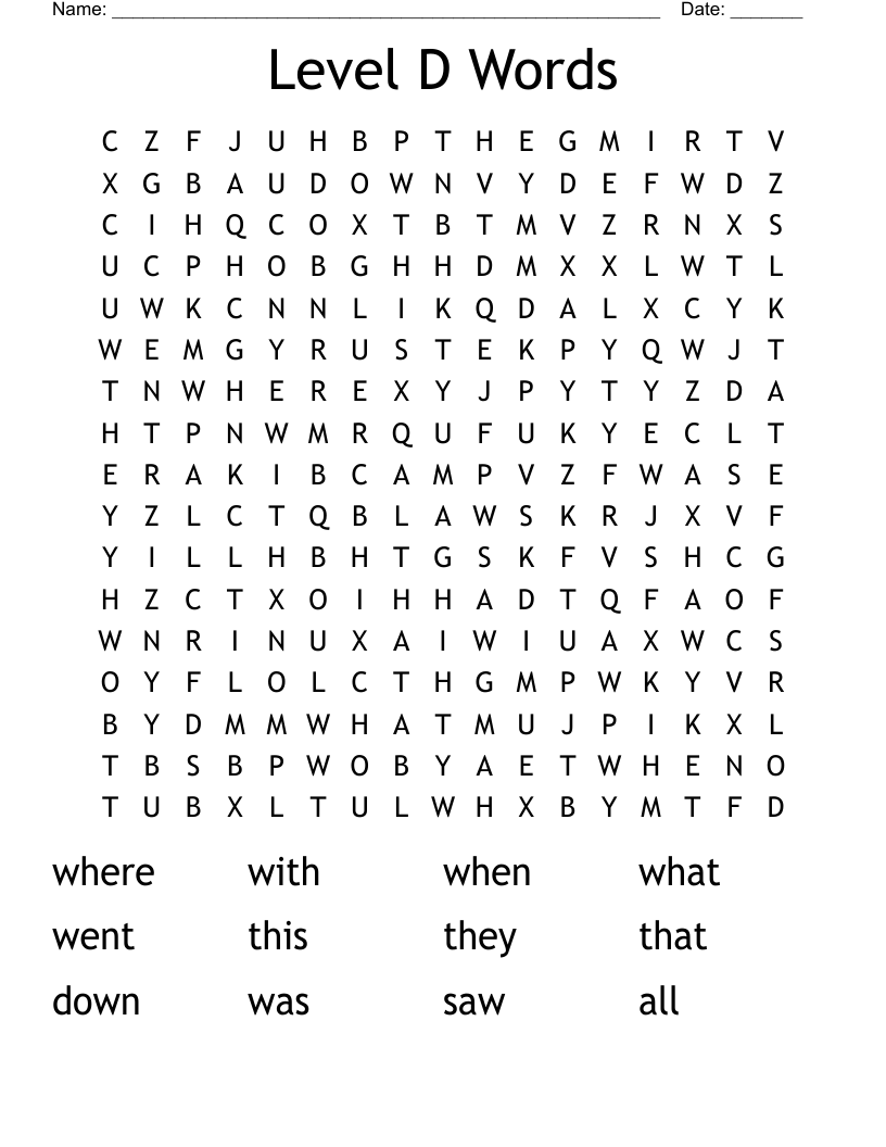 Level D Words  Word Search