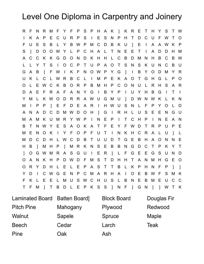 Level One Diploma in Carpentry and Joinery  Word Search