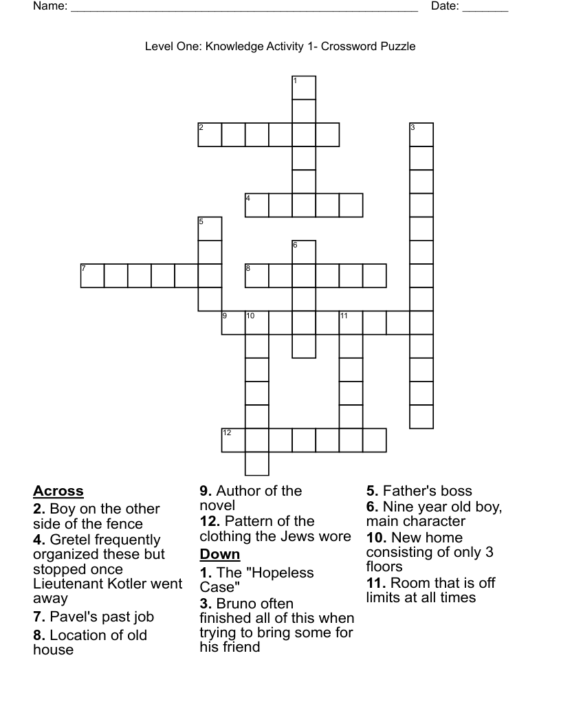 Level One: Knowledge                                                     Activity 1- Crossword Puzzle 