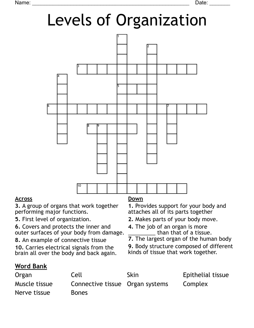 Levels of Organization Crossword