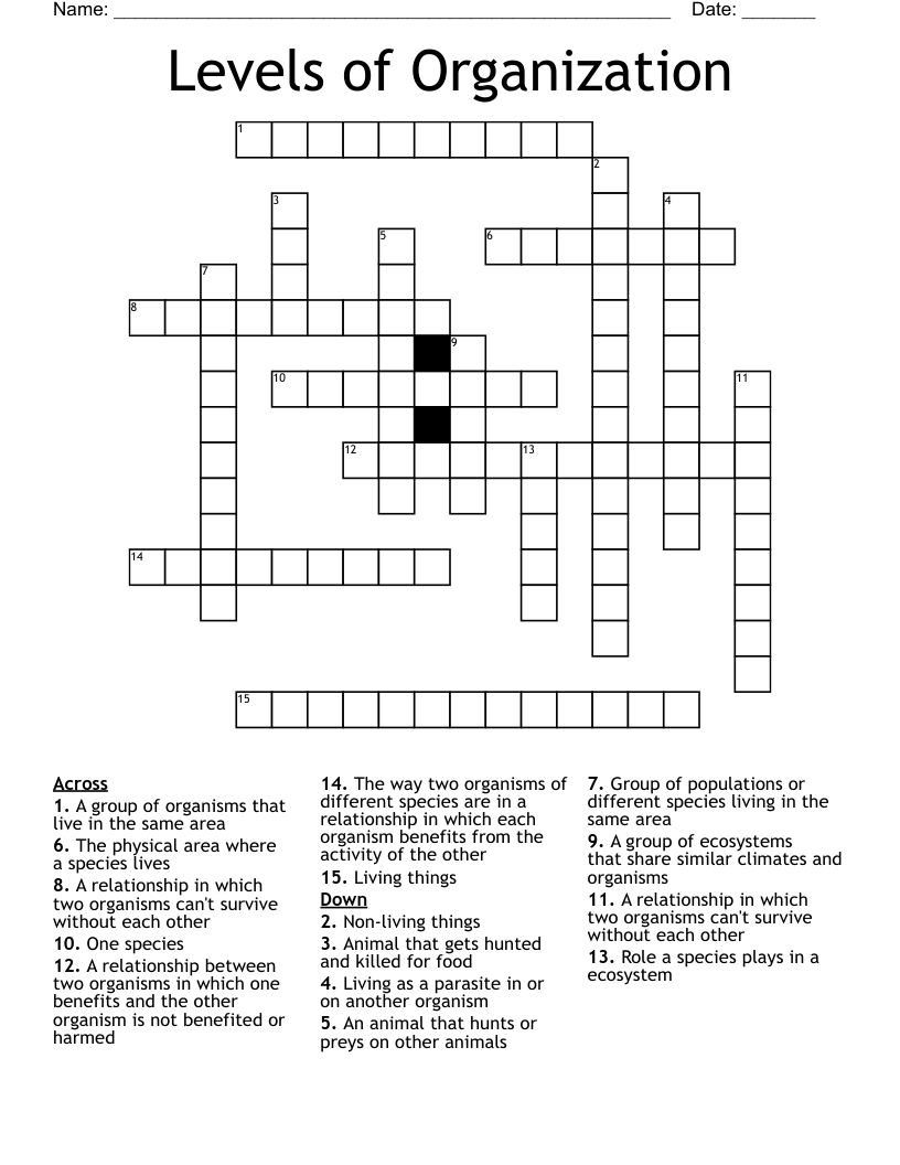 Levels of Organization Crossword