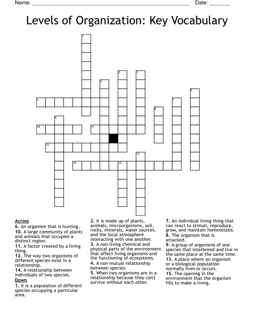 Levels of Organization: Key Vocabulary Crossword