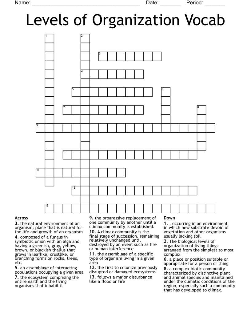 Levels of Organization Vocab Crossword