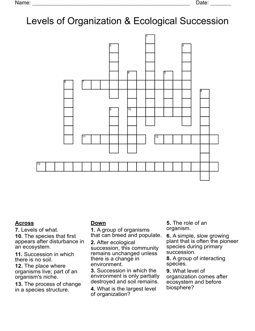 Levels of Organization & Ecological Succession Crossword